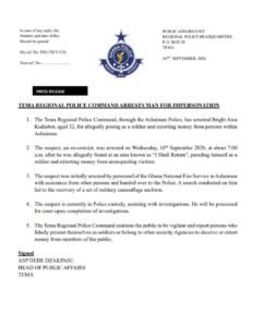 Tema Police Arrest Ex-convict For Impersonating Soldier 